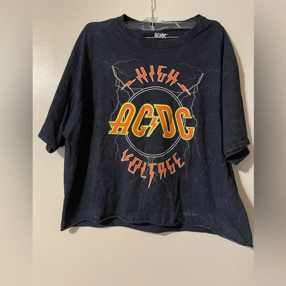 AC/DC High Voltage Black Cropped Short Sleeve T Shirt 100% Cotton Size Large - Picture 1 of 6